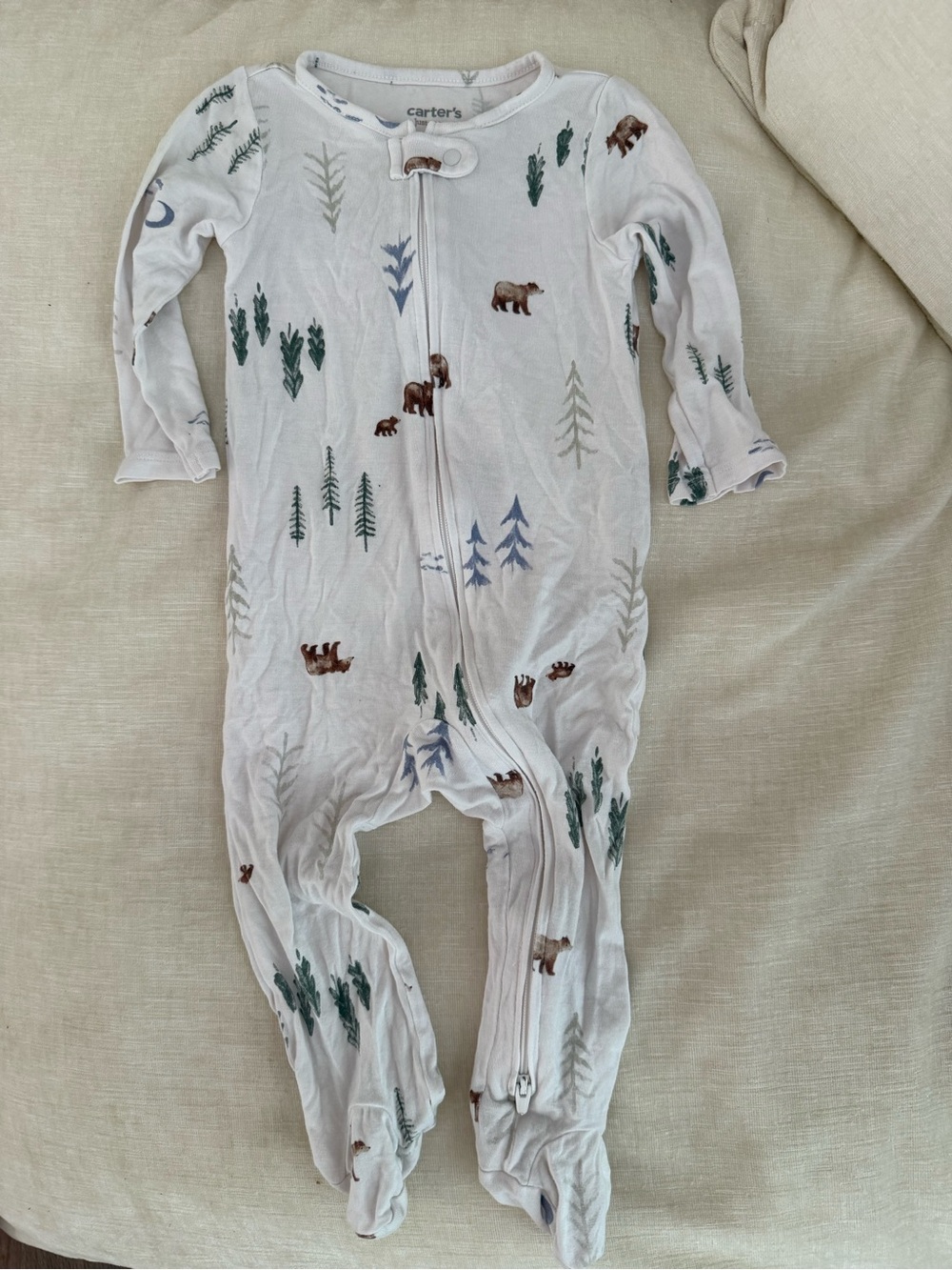 Carter's White Bear & Pine Tree Zip Footed One-Piece